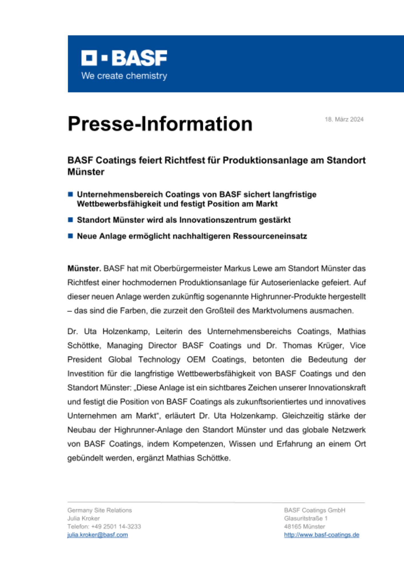 BASF Coatings feiert Richtfest für Produktionsanlage am Standort Münster BASF Coatings feiert Richtfest für Produktionsanlage am Standort Münster
